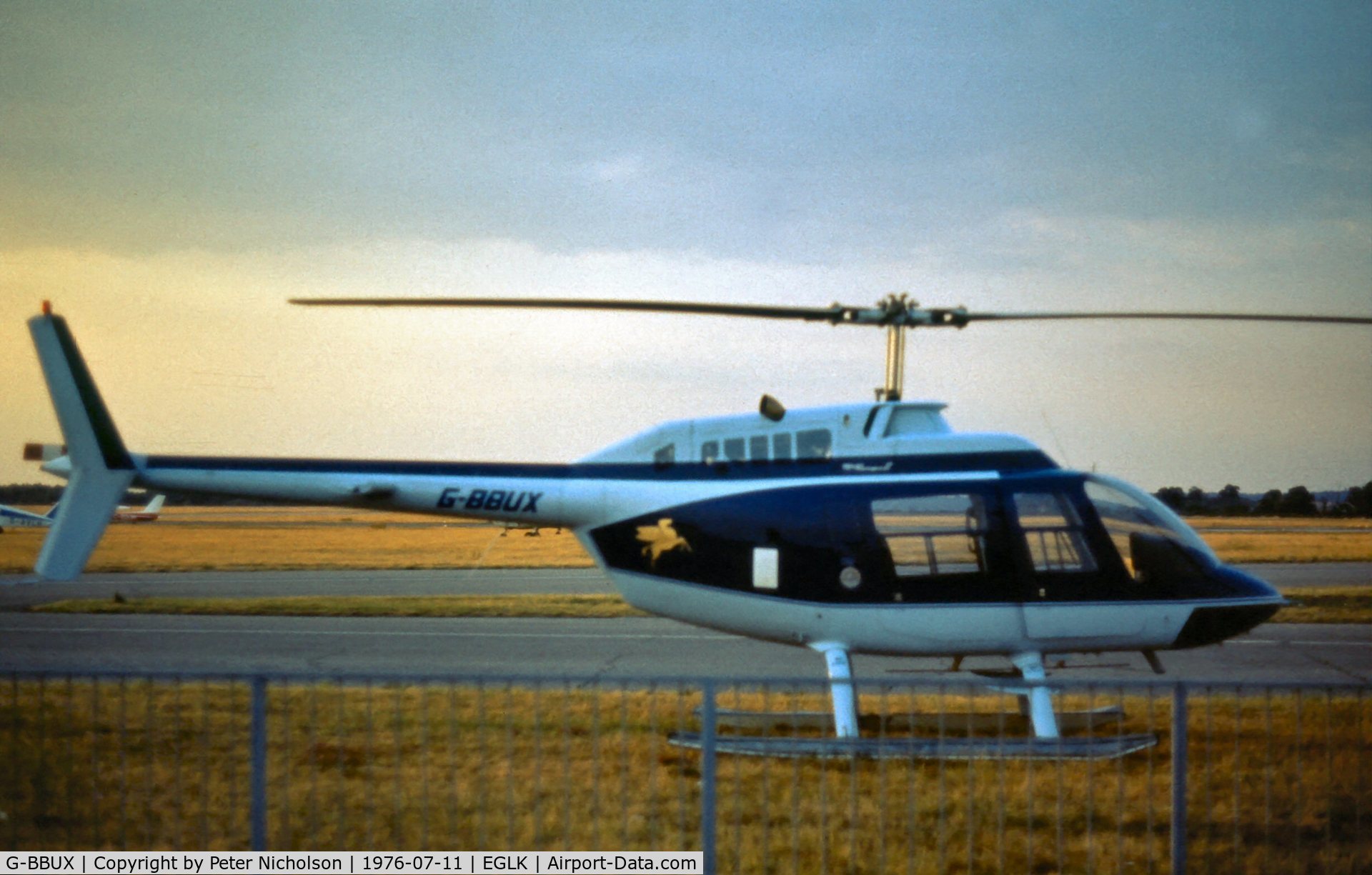 G-BBUX, 1973 Bell 206B JetRanger II C/N 1231, This Bell JetRanger II was a sunset visitor to Blackbushe in the Summer of 1976.