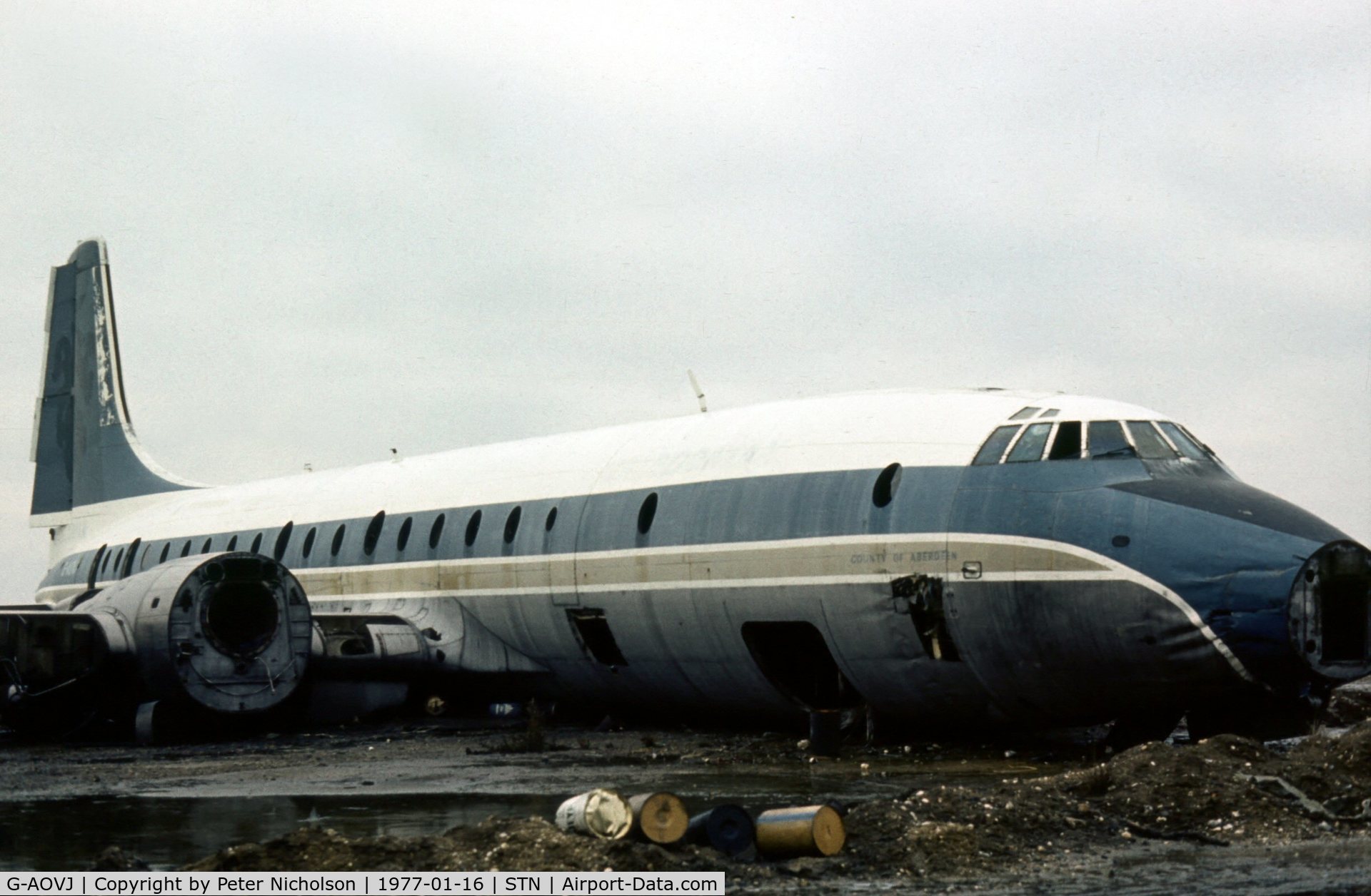 G-AOVJ, Bristol 175 Britannia 312 C/N 13418, Britannia 312 of Caledonian Airways spent its final days in the CAA Fire Training Compound at Stansted and was seen there in January 1977. Its last flight was to Stansted on November 17, 1970.