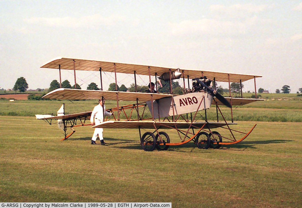 G-ARSG, 1964 Avro Roe Triplane Type IV replica C/N TRI.1, Avro Triplane IV (replica). During De Havilland Day at The Shuttleworth Trust, Old Warden  in 1989.