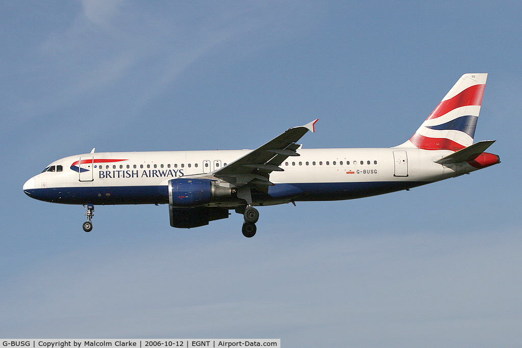 G-BUSG, 1989 Airbus A320-211 C/N 039, Airbus A320-211. On approach to Rwy 25 at Newcastle Airport.