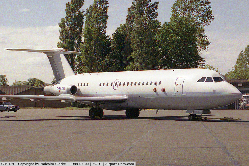 G-BLDH, 1984 BAC 111-492GM One-Eleven C/N BAC.262, British Aerospace 492GM One Eleven at Cranfield Airport in 1988. First flown on July 9 1984, Delta Hotel was the last 1-11 manufactured by BAC prior to the transfer of production to Romania. It now resides in Indonesia as PK-TRU.