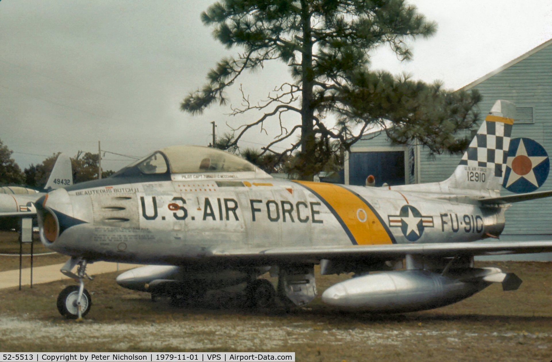 52-5513, 1952 North American F-86F-25-NA Sabre C/N 193-242, F-86F Sabre displayed at the USAF Armament Museum in November 1979 as 51-2910 named Beauteous Butch II of Korean War ace Col. Joseph McConnell