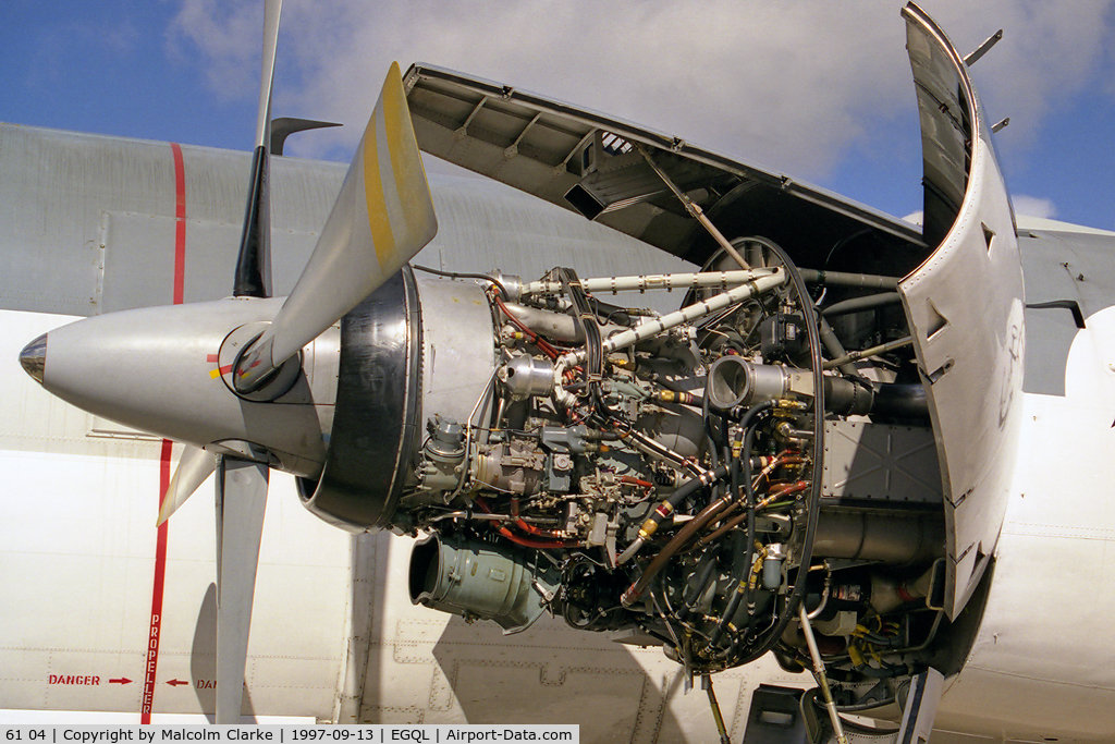61 04, Breguet 1150 Atlantic C/N 8, Breguet Br-1150 Atlantique. A close-up of one of the two Rolls Royce Tyne 20 engines that power this maritime patrol aircraft. Seen here at the Battle of Britain Airshow RAF Leuchars in 1997.
