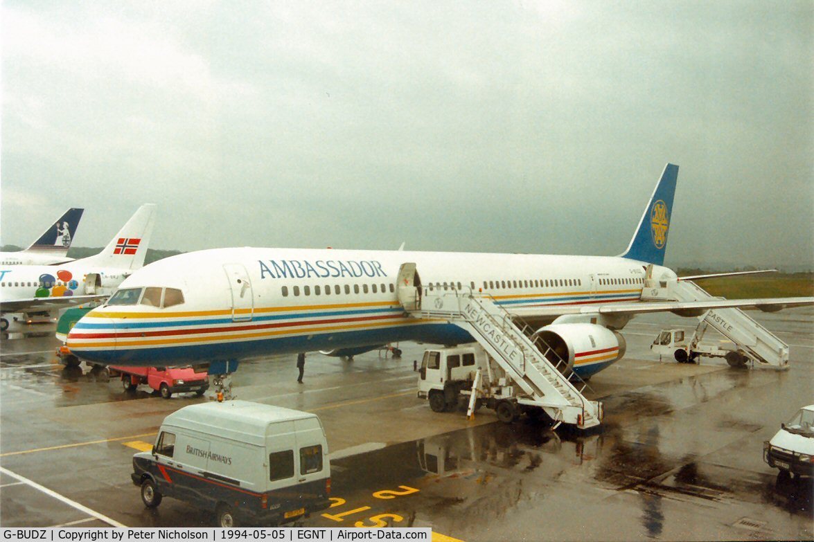 G-BUDZ, 1992 Boeing 757-236 C/N 25593, Ambassador Airways Boeing 757 preparing for flight to Cyprus from Newcastle in May 1994.