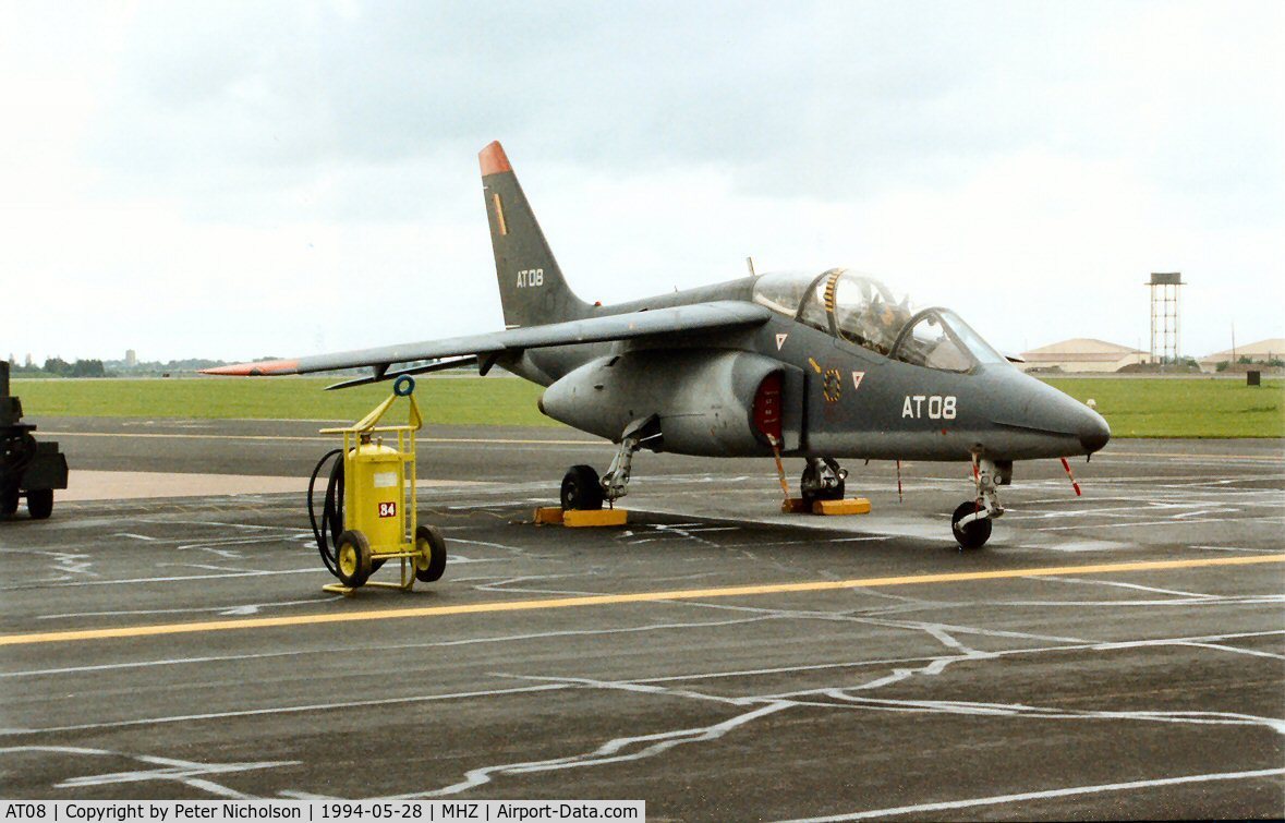 AT08, Dassault-Dornier Alpha Jet 1B C/N B08/1024, Alpha Jet of 9 Wing Belgian Air Force on display at the 1994 Mildenhall Air Fete.