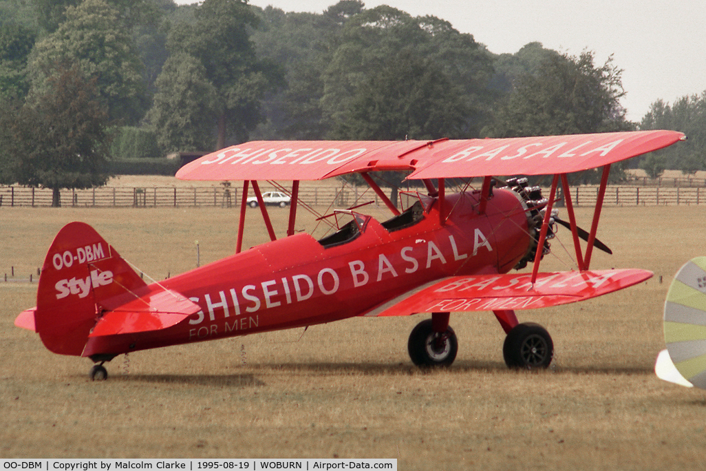 OO-DBM, 1942 Boeing PT-13D Kaydet (E75) C/N 75-5714, Stearman PT-13D Kaydet at the De Havilland Tiger Moth Rally in 1995 held in the grounds of Woburn Abbey, UK.