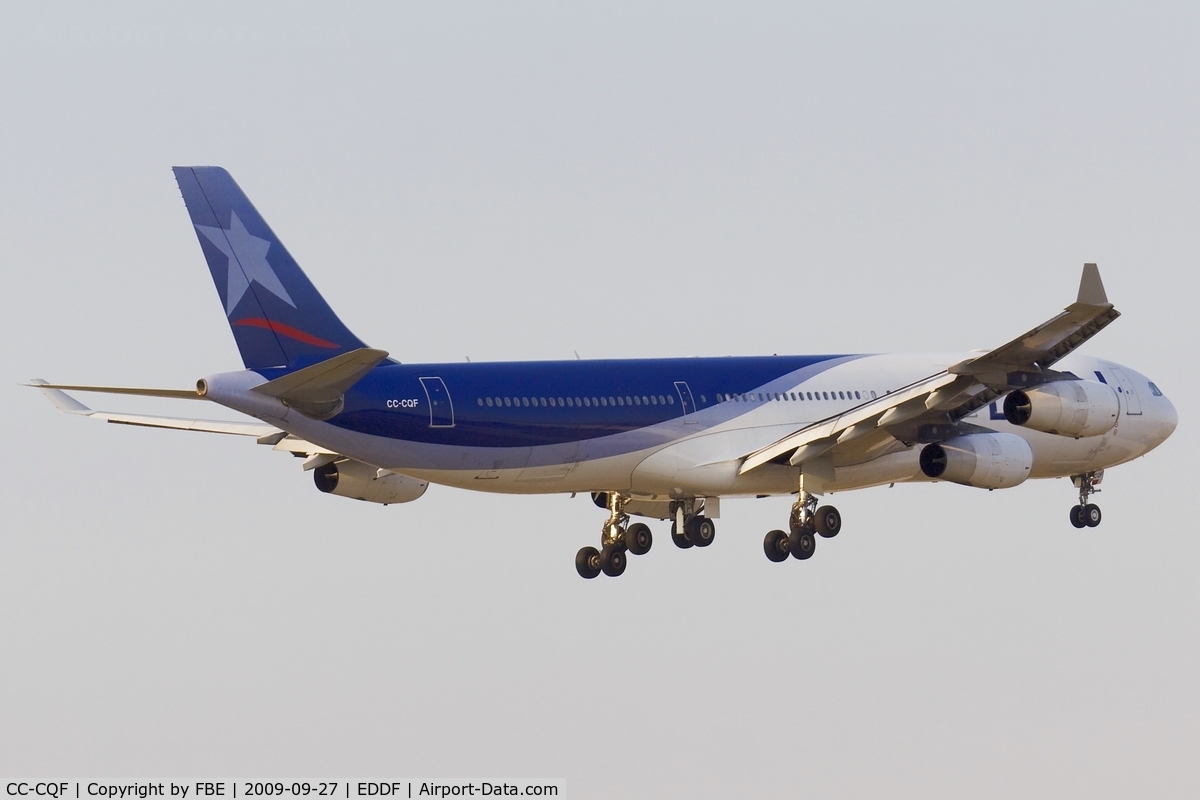 CC-CQF, 2001 Airbus A340-313X C/N 442, Lan Chile A340-300 moments prior touchdown RW25R
