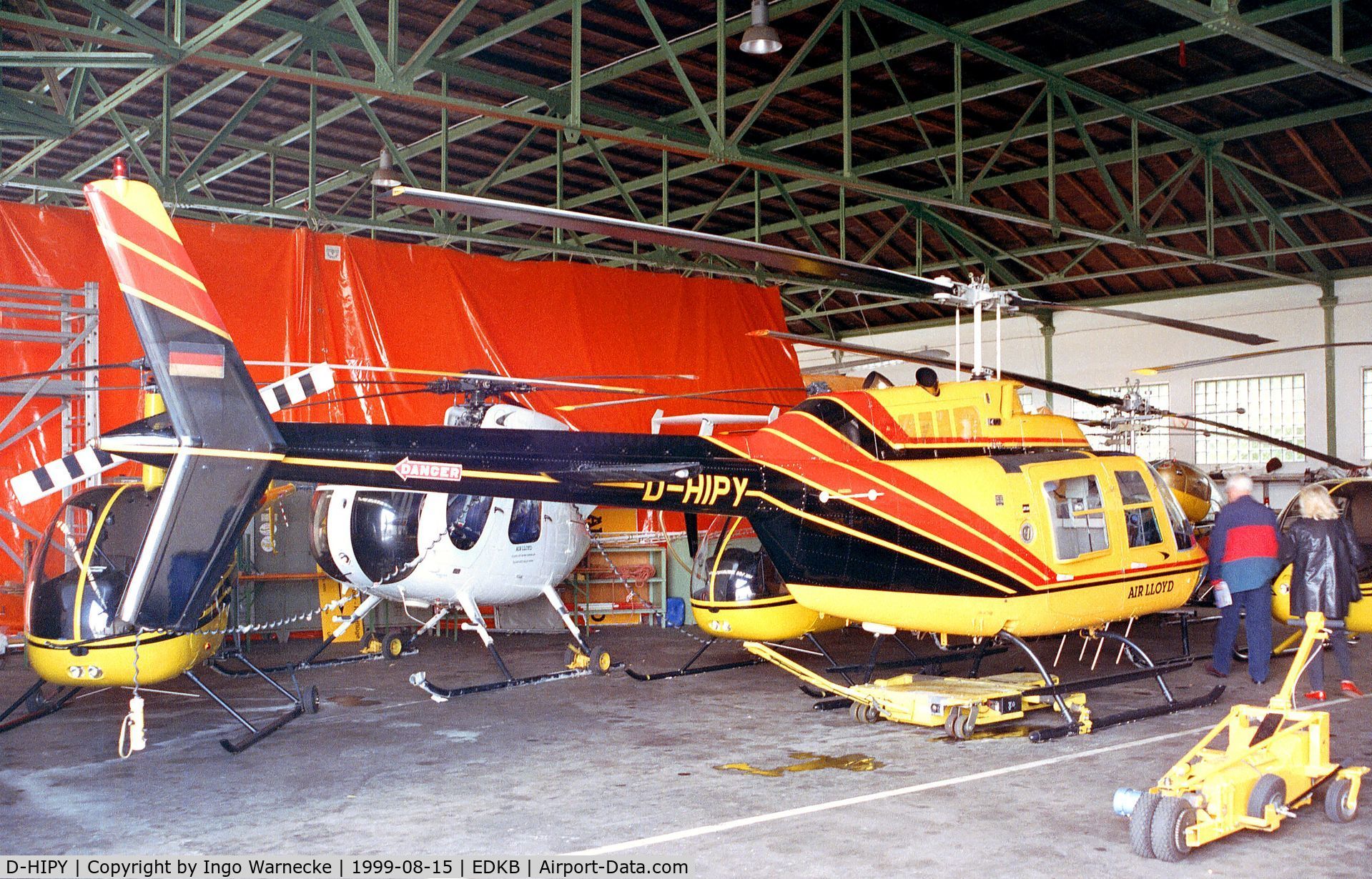 D-HIPY, Bell 206B JetRanger III C/N 4186, Bell 206B-3 JetRanger III of Air Lloyd in their hangar at the Bonn-Hangelar 90-year jubilee-airshow