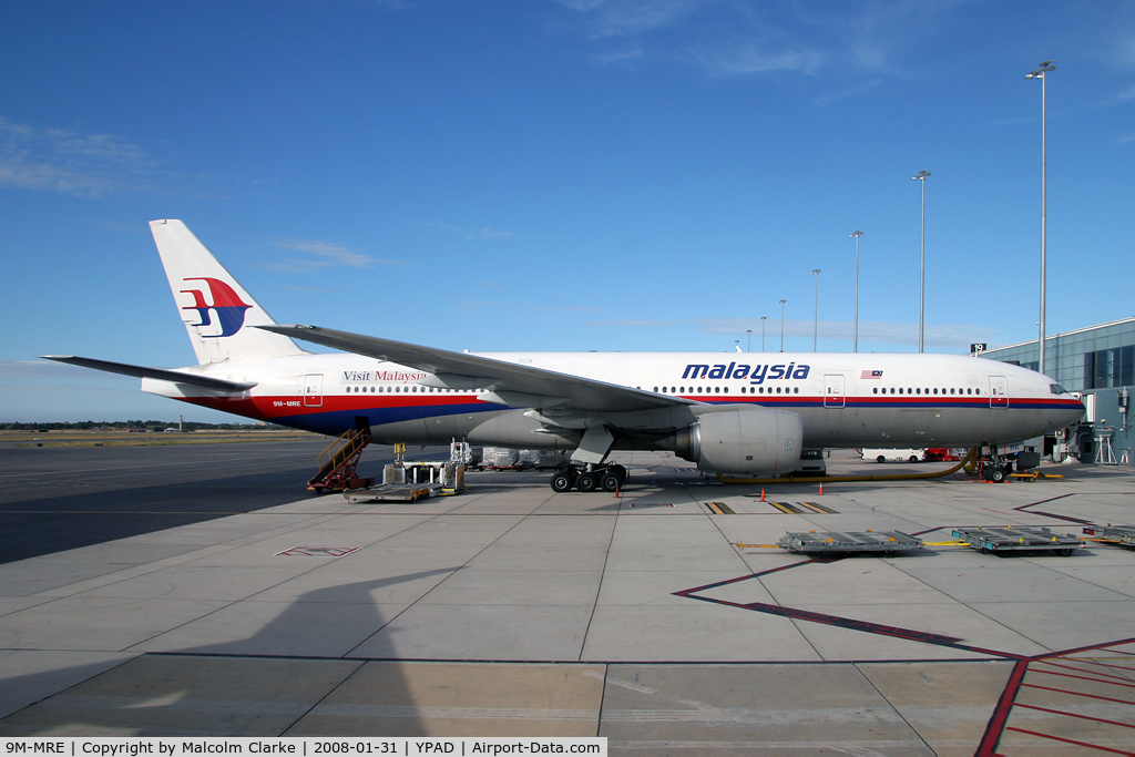 9M-MRE, 1997 Boeing 777-2H6/ER C/N 28412, Boeing 777-2H6 (ER) at Adelaide International Airport in 2008.