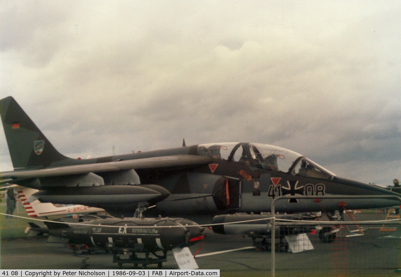 41 08, Dassault-Dornier Alpha Jet A C/N 0108, Alpha Jet of JBG-49 on display at the 1986 Farnborough Airshow.