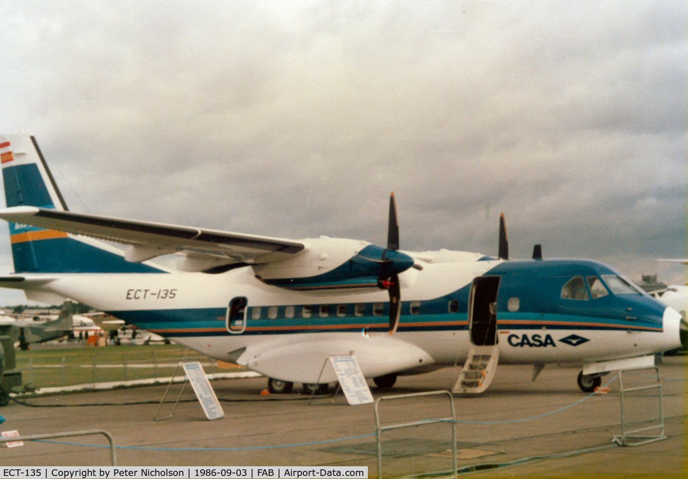 ECT-135, 1986 Airtech CN-235-1 C/N 001, CASA CN-235 on display at the 1986 Farnborough Airshow.