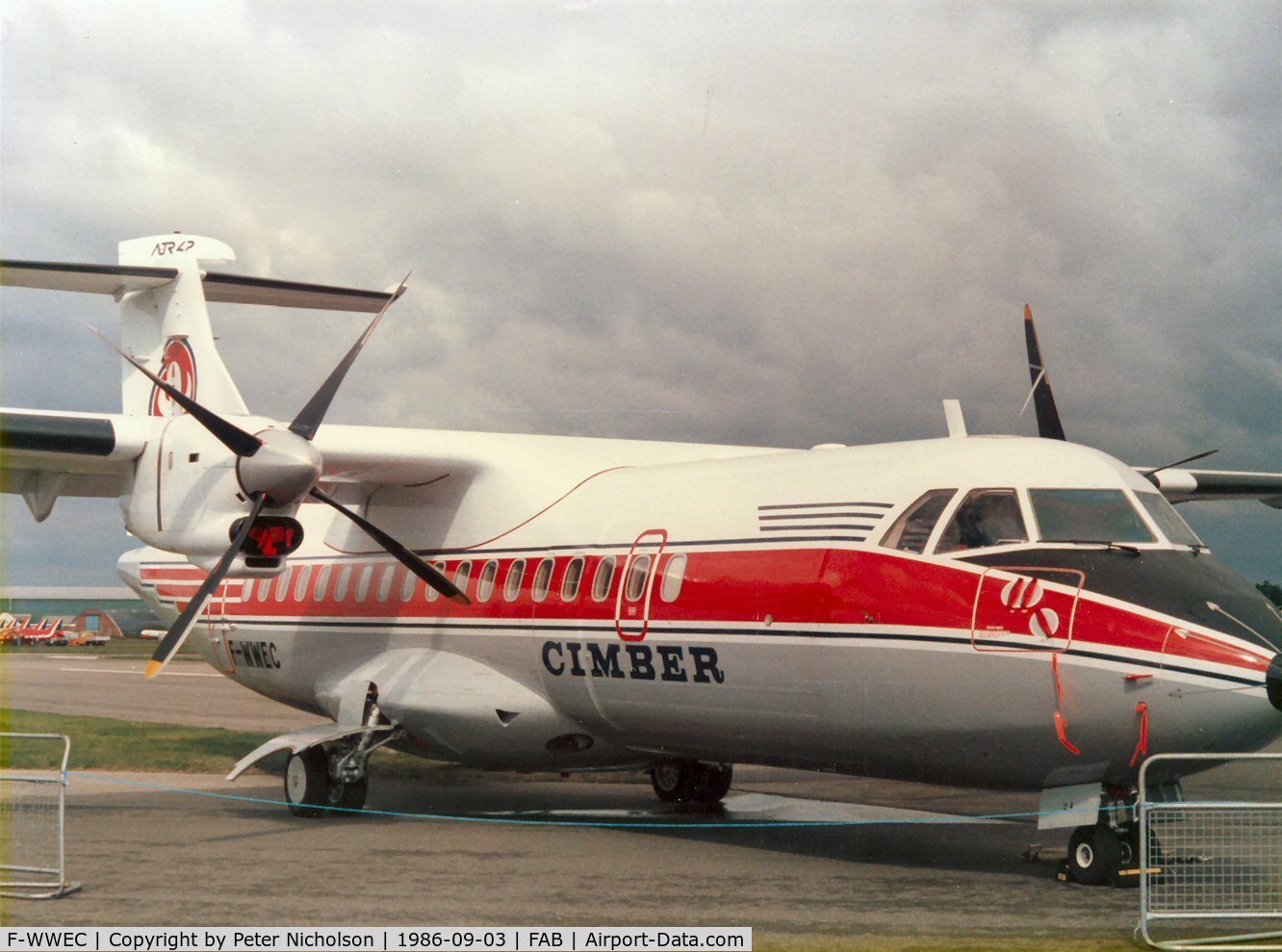 F-WWEC, 1986 ATR 42-312 C/N 024, With a test registration and destined for Cimber Air of Denmark, this ATR-42 was demonstrated at the 1986 Farnborough Airshow.