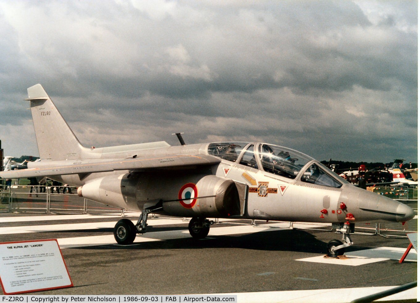 F-ZJRO, Dassault-Dornier Alpha Jet E C/N X153, One of the Alpha Jets present at the 1986 Farnborough Airshow.