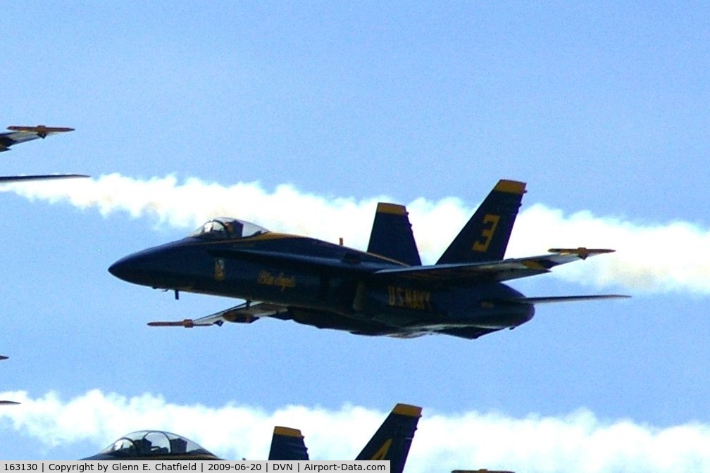 163130, McDonnell Douglas F/A-18A-21-MC Hornet C/N 0539/A448, Blue Angel 3 at the Quad Cities airshow.  I'm shooting into the sun -argh!