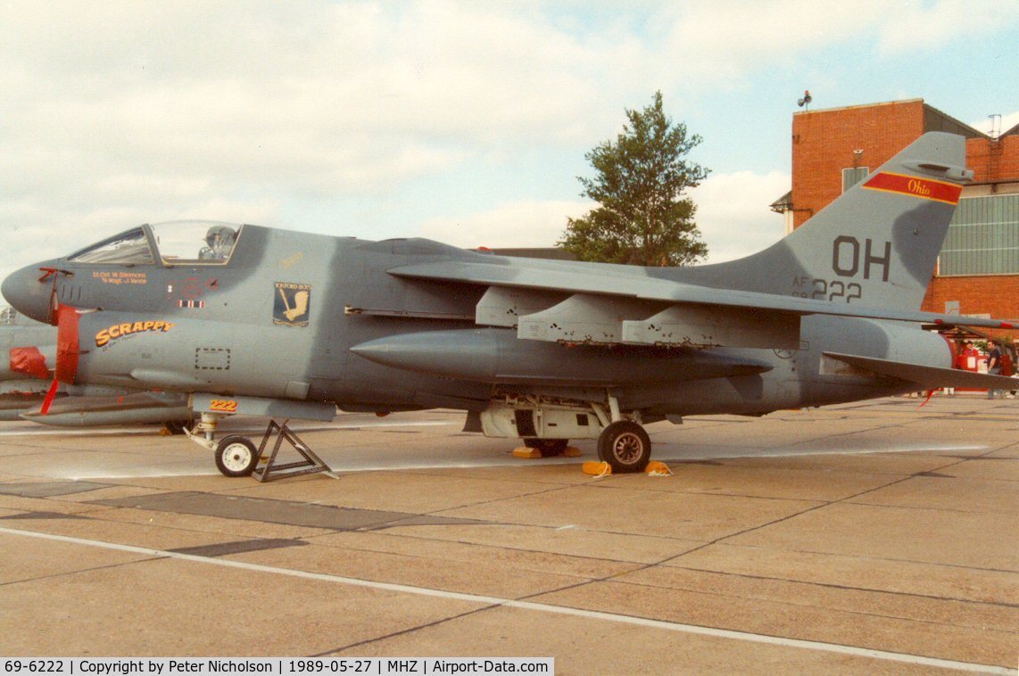69-6222, 1969 LTV A-7D Corsair II C/N D-052, A-7D Corsair named Scrappy of 162nd Tactical Fighter Squadron of the Ohio Air National Guard on display at the 1989 Mildenhall Air Fete.