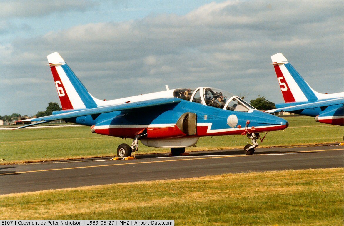 E107, Dassault-Dornier Alpha Jet E C/N E107, Alpha Jet number six of the Patrouille de France aerobatic display team which was present at the 1989 Mildenhall Air Fete.