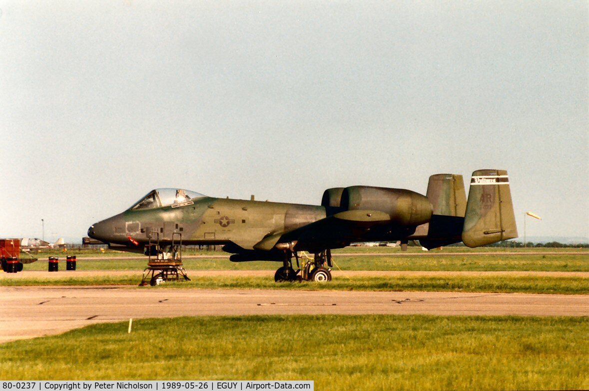 80-0237, 1980 Fairchild Republic A-10A Thunderbolt II C/N A10-0587, A-10A Thunderbolt of 511th Tactical Fighter Squadron/10th Tactical Fighter Wing on detachment to RAF Wyton in May 1989.