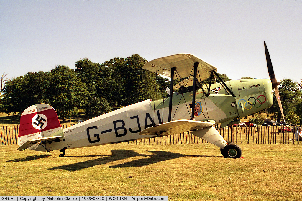 G-BJAL, 1957 Bucker 1-131E Jungmann C/N 1028, CASA 1-131E Jungmann. At the Famous Grouse DH Moth Rally 1989 held in the grounds of Woburn Abbey, the seat of the Duke of Bedford.