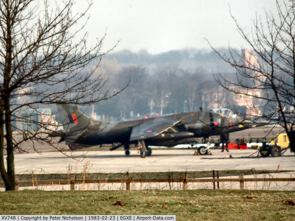 XV748, 1969 Hawker Siddeley Harrier GR.3 C/N 712011, Harrier GR.3 of 233 Operational Conversion Unit at RAF Wittering on detachment to Leeming in February 1983.