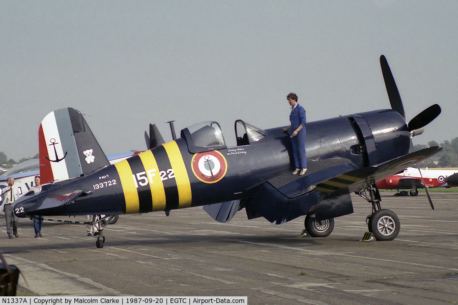 N1337A, 1952 Vought F4U-7 Corsair C/N 977, Vought F4U-7 at Cranfield Airport in 1987. As 133722, French Navy.