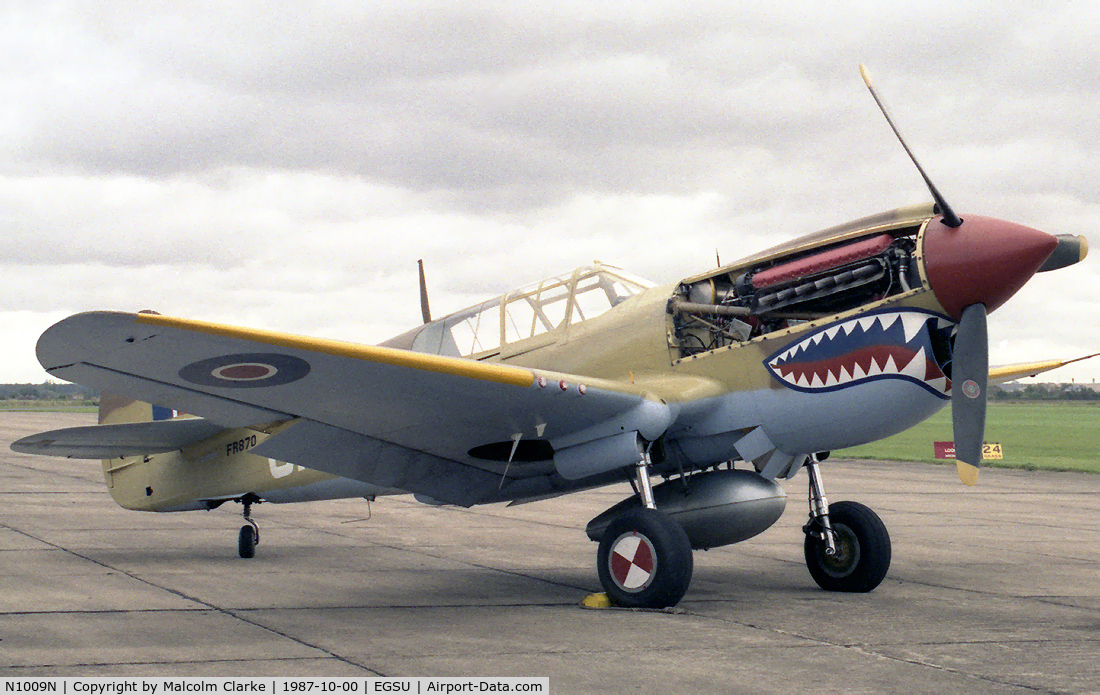 N1009N, 1943 Curtiss P-40M Warhawk C/N 27490, Curtiss Kittyhawk III at the Imperial War Museum, Duxford in 1987. Originally 43-5802, it first flew in the UK at Duxford in 1987 officially as N1009N but carried the false identity FR870. It was later registered as G-KITT.