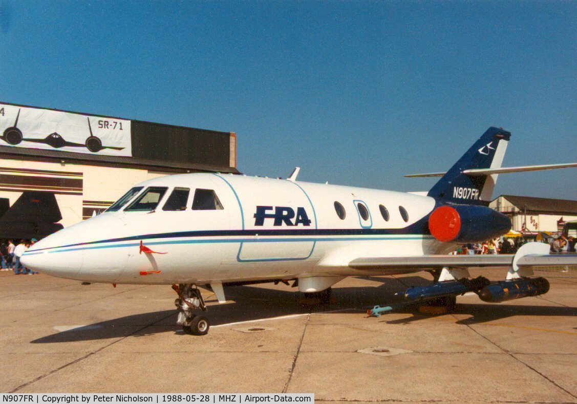 N907FR, Dassault Fan Jet Falcon (20D) C/N 224, Falcon 20DC of FR Aviation complete with ECM jamming pods in the static park of the 1988 Mildenhall Air Fete.