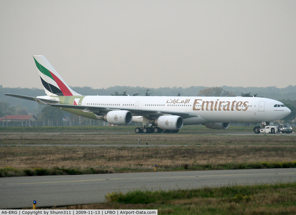 A6-ERG, Airbus A340-541 C/N 608, Trackted to Lagardere plant after more 5 month repair due to a tail strike...