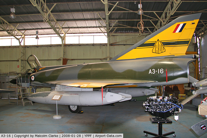 A3-16, Dassault Mirage IIIO C/N 29-16, Dassault Mirage IIIO. At the Classic Jets Fighter Museum, Parafield, Australia in 2008, in the tail colours of the ARDU.