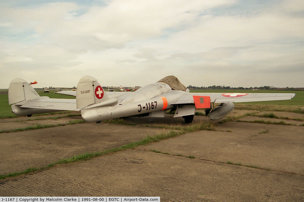 J-1167, 1953 De Havilland (FFA) Vampire FB6 (DH-100) C/N 676, De Havilland Vampire FB6 (DH-100). Ex Swiss Air Force J-1167, later renovated by the Vintage Aircraft Team at Cranfield to fly as G-MKVI.