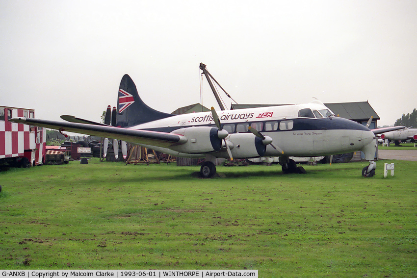 G-ANXB, De Havilland DH-114 Heron1B C/N 14048, De Havilland DH-114 Heron 1B at Newark Air Museum, Winthorpe, UK in 1993.