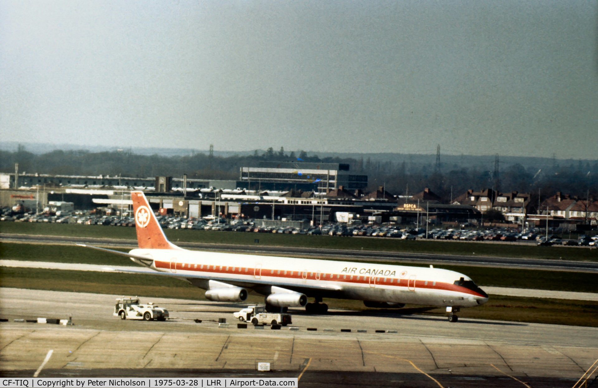 CF-TIQ, 1970 Douglas DC-8-63 C/N 46123, DC-8-63 of Air Canada taxying to the terminal at Heathrow in March 1975.