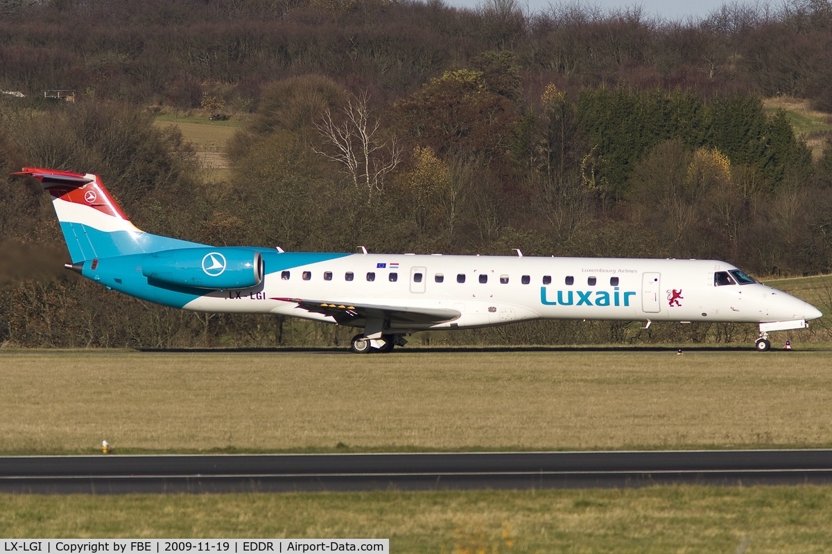 LX-LGI, 2000 Embraer EMB-145LU (ERJ-145LU) C/N 145369, taxying via alpha to the holding point RW27