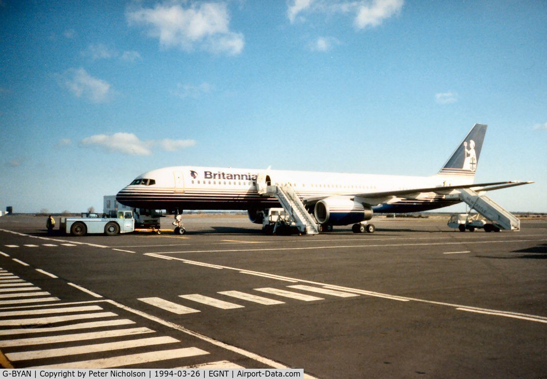 G-BYAN, 1994 Boeing 757-204 C/N 27219, Boeing 757-204 of Britannia Airways ready for boarding at Newcastle in March 1994.