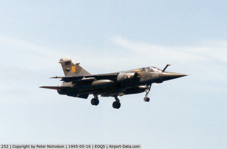 252, Dassault Mirage F.1CT C/N 252, Mirage F.1CT of EC 3, callsign French Air Force 5722, on approach to Lossiemouth in May 1995.