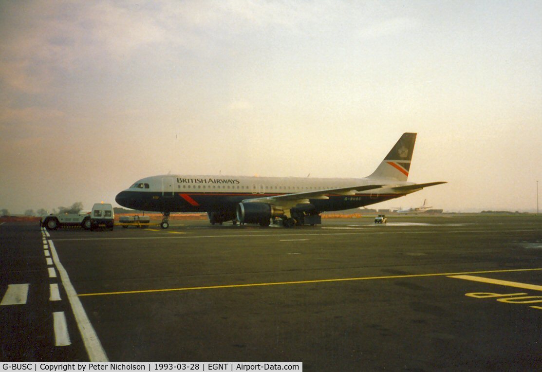 G-BUSC, 1987 Airbus A320-111 C/N 008, British Airways Airbus A.320 preparing for early morning departure at Newcastle in March 1993.