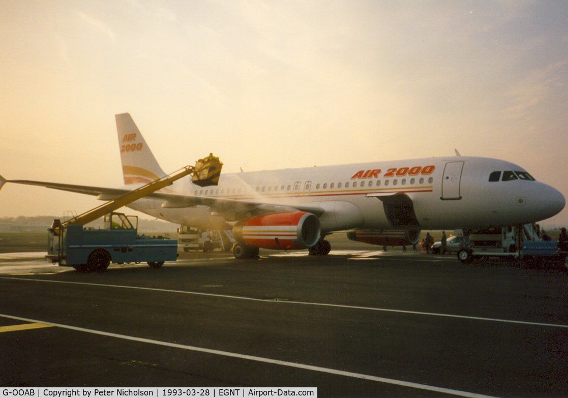 G-OOAB, 1992 Airbus A320-231 C/N 292, Air 2000 Airbus A.320 being prepared for early morning departure at Newcastle in March 1993.