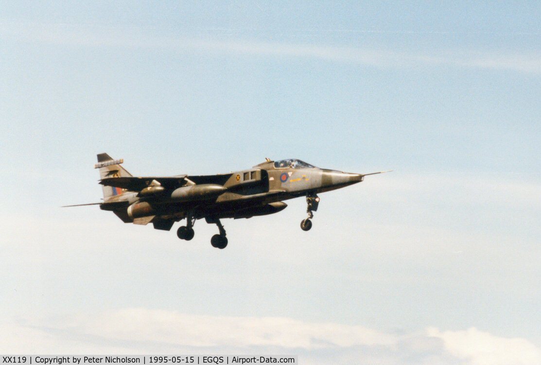 XX119, 1973 Sepecat Jaguar GR.1A C/N S.12, Jaguar GR.1A of 226 Operational Conversion Unit returning home at Lossiemouth in May 1995.
