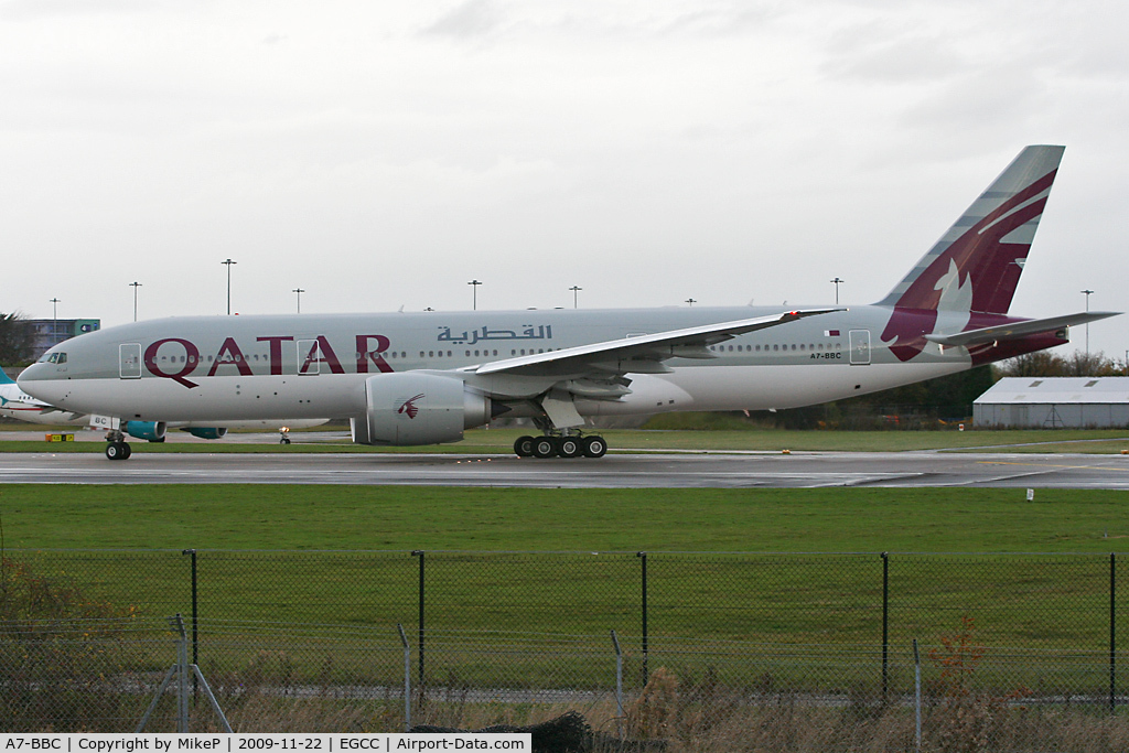 A7-BBC, 2009 Boeing 777-2DZ/LR C/N 36015, About to depart back to Doha after a first visit to MAN.