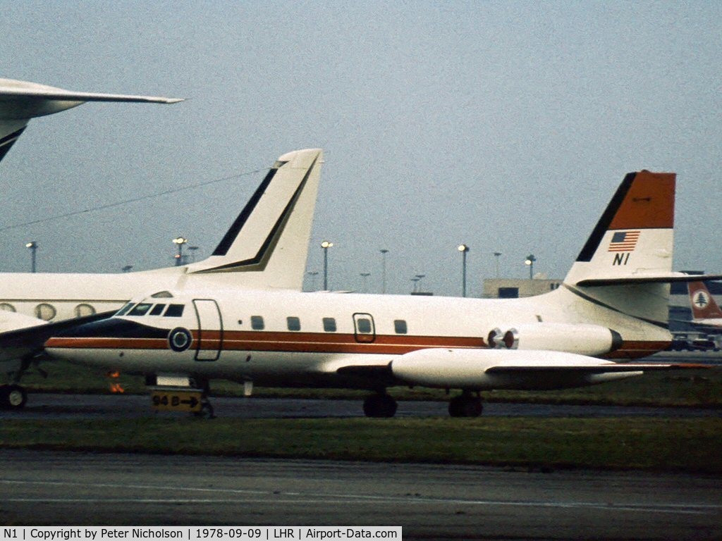 N1, 1960 Lockheed L-1329 JetStar 731 C/N 5001, Frankfurt based FAA Jetstar 6 parked at Heathrow in September 1978.