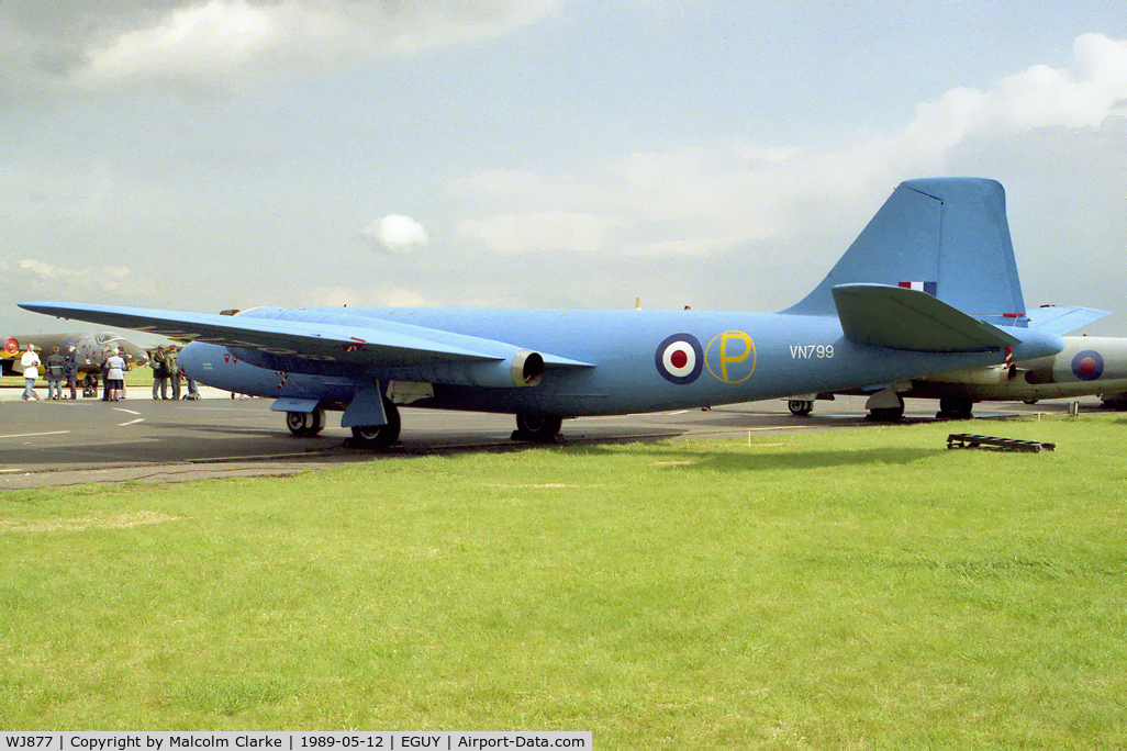 WJ877, 1955 English Electric Canberra T.4 C/N EEP71355, English Electric Canberra T4. WJ877 from 231 OCU RAF Wyton, disguised as the A1 prototype VN799 and seen here at the Canberra 40th Anniversary Celebration Photocall at RAF Wyton in 1989.