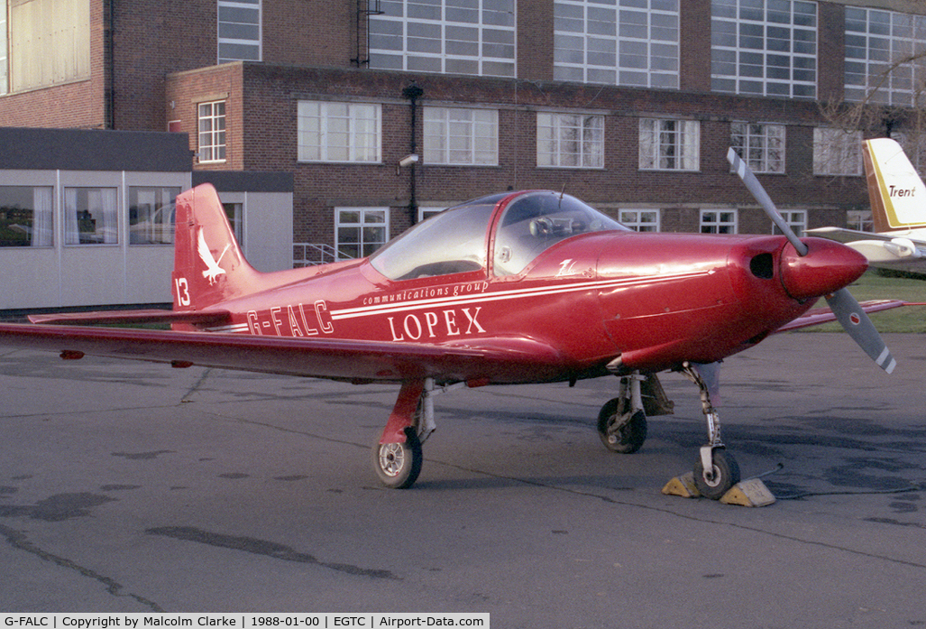 G-FALC, 1961 Aviamilano F-8L Falco Series 3 C/N 224, Aeromere F-8L Falco 3 at Cranfield Airport, UK in 1988.