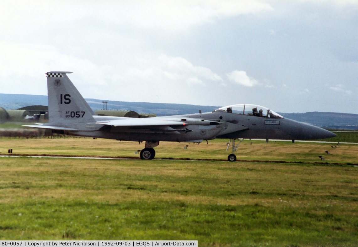 80-0057, 1980 McDonnell Douglas F-15D Eagle C/N 0698/D029, F-15D Eagle, callsign Eagle 1 Flight, of 57th Fighter Squadron preparing to depart from Lossiemouth in September 1992.
