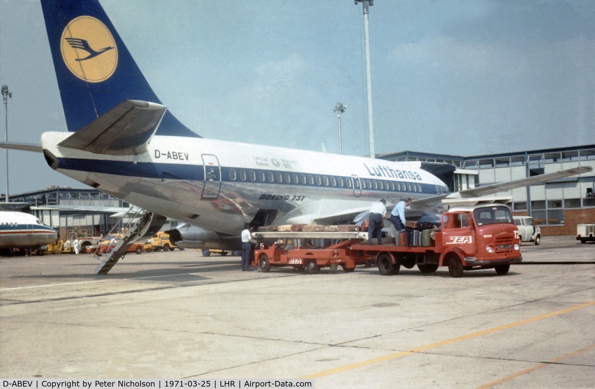 D-ABEV, 1969 Boeing 737-130 C/N 19032, Boeing 737-130 of Lufthansa seen at Heathrow in March 1971.