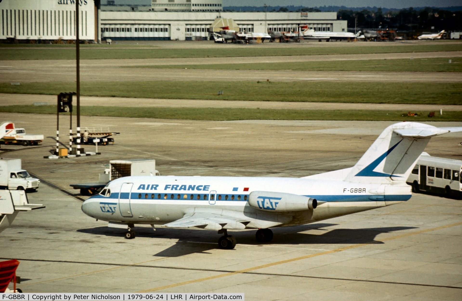 F-GBBR, 1972 Fokker F.28-1000 Fellowship C/N 11051, F.28 Fellowship of Touraine Air Transport leased to Air France seen at Heathrow in the Summer of 1979.