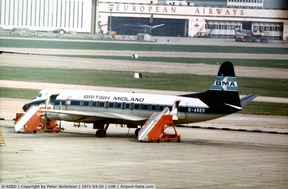G-ASED, 1959 Vickers Viscount 831 C/N 419, Viscount 831 of British Midland Airways at Heathrow in March 1971.