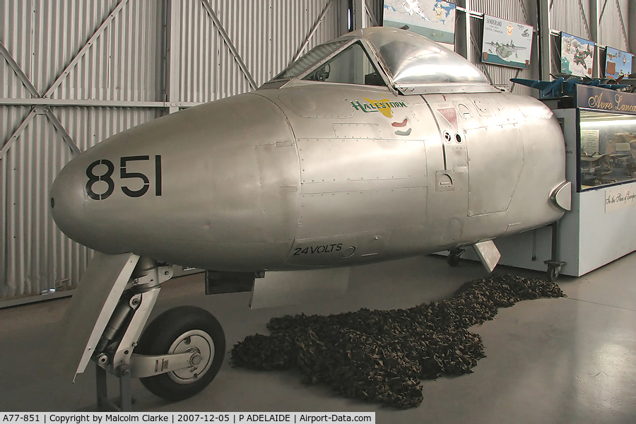 A77-851, Gloster Meteor U21A C/N Not found A77-851, Gloster Meteor U21A. 'Halestorm'. Flown by Sgt George Hale, RAAF 77 Sqn who, on 27-03-1953, made the only Mig kill by a Meteor in Korea. At the South Australian Air Museum in 2007.