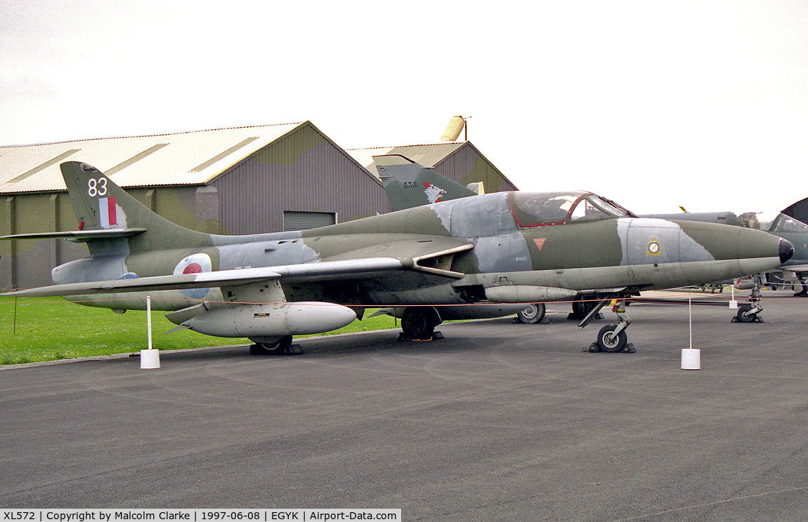 XL572, Hawker Hunter T.7 C/N HABL-003311, Hawker Hunter T7 at the Yorkshire Air Museum, Elvington in 1997. From No 2 SoTT, Cosford, and formerly flown as G-HNTR. 