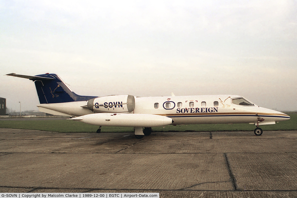 G-SOVN, 1987 Gates Learjet 35A C/N 35A-614, Gates Learjet 35A at Cranfield Airport, UK in 1989.