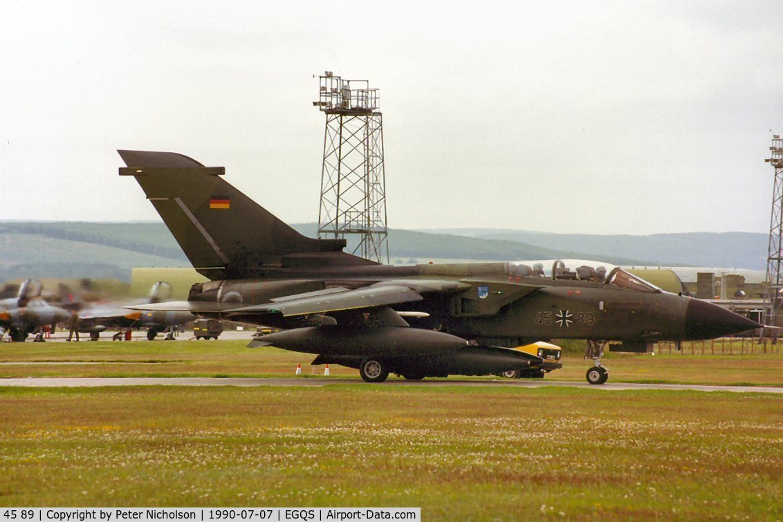 45 89, Panavia Tornado IDS C/N 717/GS230/4289, Panavia IDS of JBG-34 preparing to depart Lossiemouth in the Summer of 1990.
