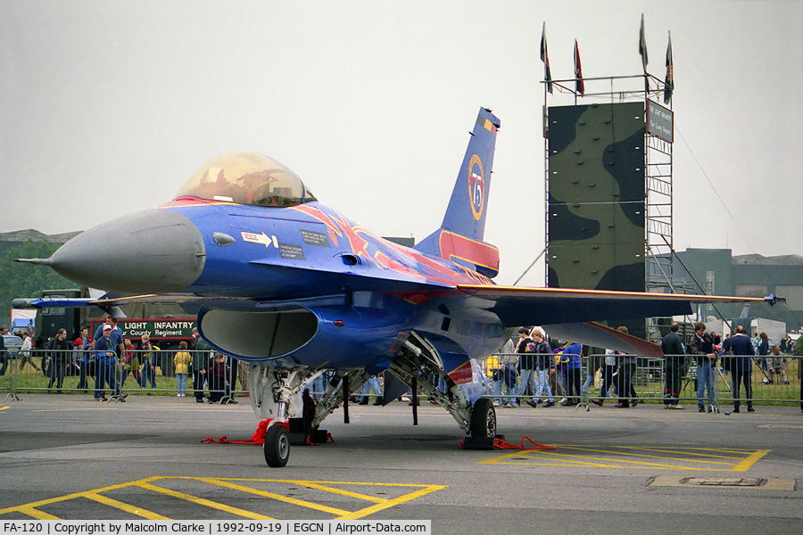 FA-120, SABCA F-16AM Fighting Falcon C/N 6H-120, SABCA F-16A Fighting Falcon.  Special colour scheme to celebrate the 75th anniversary of thr formation of the Belgium AF. From 2 Smaldeel, Florennes at RAF Finningley Air Show in 1992.